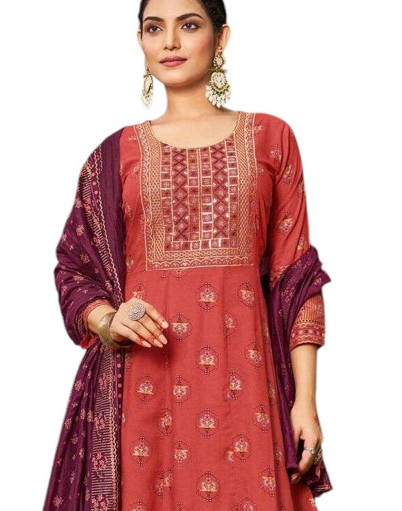 Rust Burnt Orange- Cotton Block Printed Long Dress with Dupatta - Available in Sizes 14(40") & 20 (46") - BH1004 KK 0924