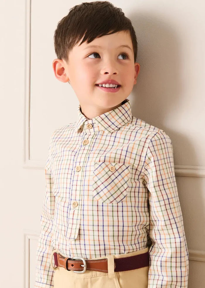 Rutland Check Polo Collar Long Sleeve Shirt in Beige (3-10yrs) SHIRTS from Pepa London