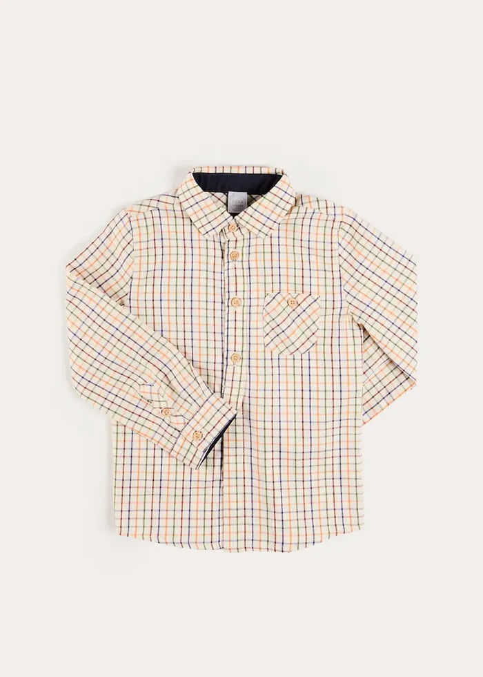 Rutland Check Polo Collar Long Sleeve Shirt in Beige (3-10yrs) SHIRTS from Pepa London
