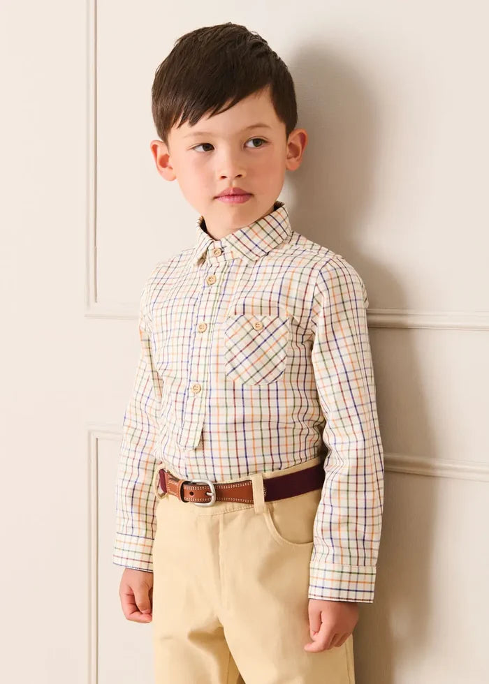 Rutland Check Polo Collar Long Sleeve Shirt in Beige (3-10yrs) SHIRTS from Pepa London