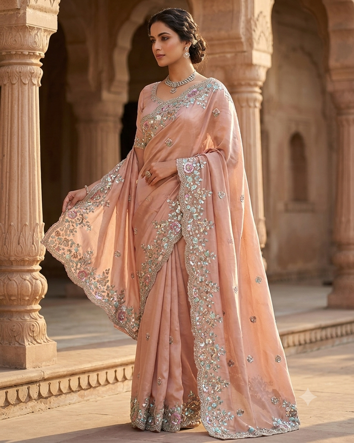 Sale! Baby Pink - Pastel Sequins Silky Saree with Blouse Piece - MF3801  JJ 0824