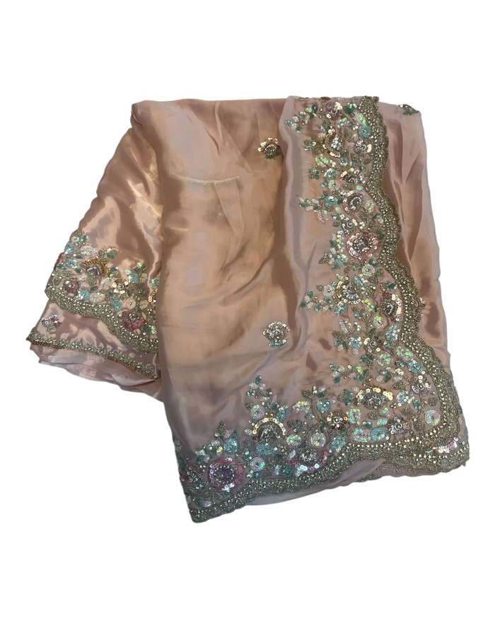 Sale! Baby Pink - Pastel Sequins Silky Saree with Blouse Piece - MF3801  JJ 0824