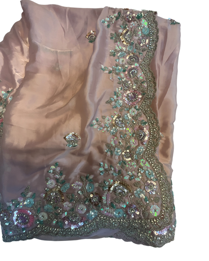 Sale! Baby Pink - Pastel Sequins Silky Saree with Blouse Piece - MF3801  JJ 0824