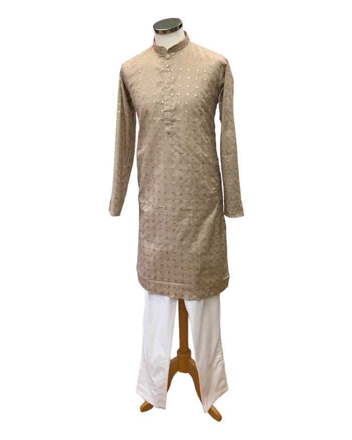 SALE! Beige - Linen Mirror Work Mens Kurta Set - Sangeet Mehendi Haldi - NY2302 KT 1123