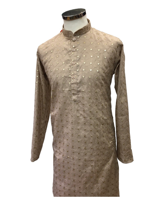 SALE! Beige - Linen Mirror Work Mens Kurta Set - Sangeet Mehendi Haldi - NY2302 KT 1123