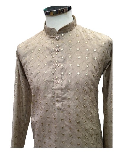 SALE! Beige - Linen Mirror Work Mens Kurta Set - Sangeet Mehendi Haldi - NY2302 KT 1123