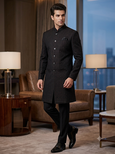 SALE ! Black with Maroon Sequins Fully Embroidered  Soft Sherwani Set - UK Stock - 24h Dispatch - Spark17 JY 0324