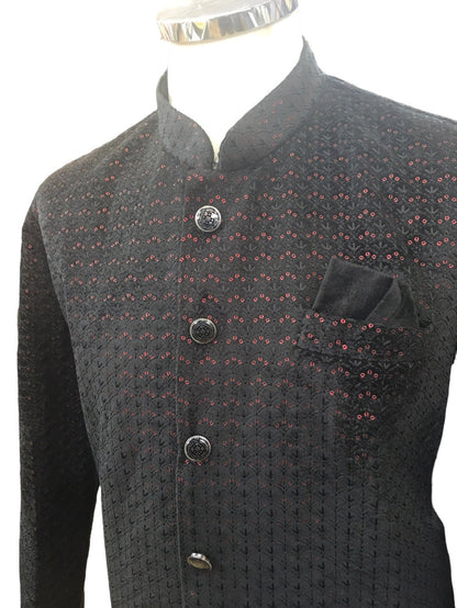 SALE ! Black with Maroon Sequins Fully Embroidered  Soft Sherwani Set - UK Stock - 24h Dispatch - Spark17 JY 0324