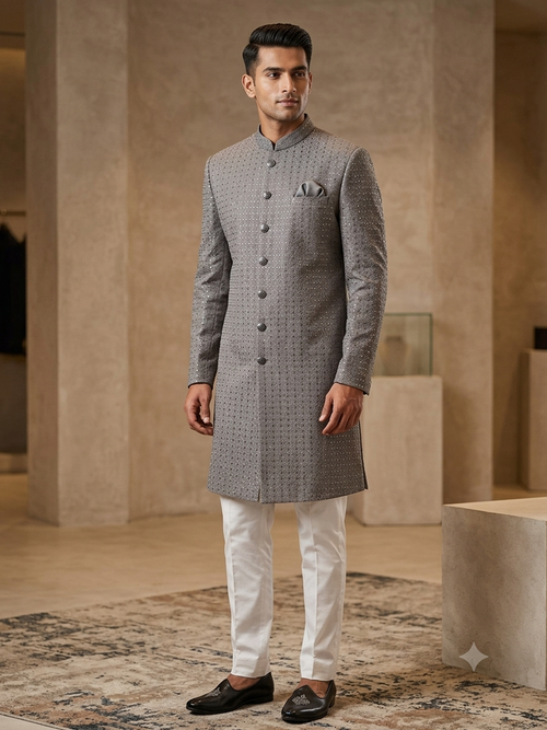 SALE !  Grey with Self Sequins Fully Embroidered  Soft Sherwani Set - UK Stock - 24h Dispatch - Spark20 JY 0324