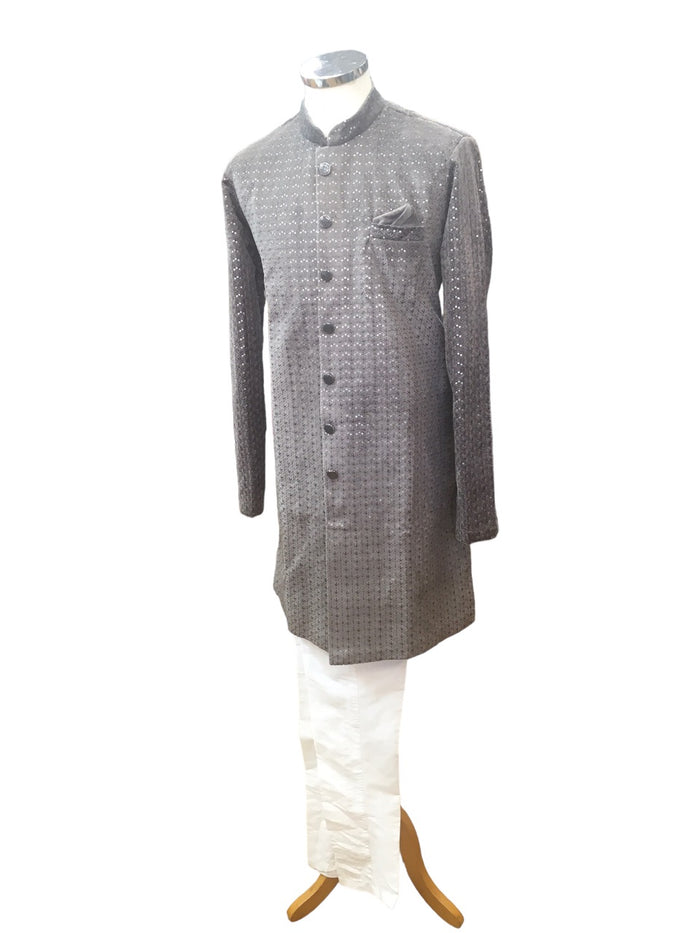 SALE !  Grey with Self Sequins Fully Embroidered  Soft Sherwani Set - UK Stock - 24h Dispatch - Spark20 JY 0324