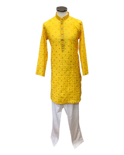 SALE! Haldi Yellow - Linen Mirror Work Mens Kurta Set - Sangeet Mehendi Haldi - NY2303 KT 1123