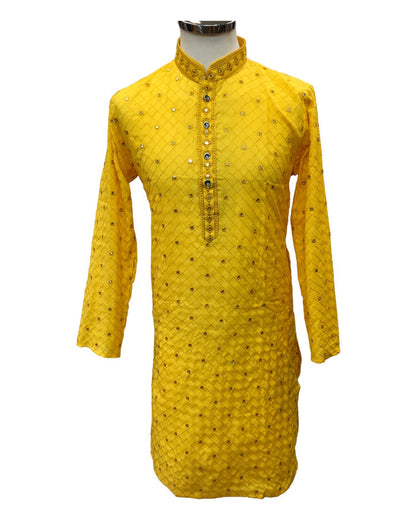 SALE! Haldi Yellow - Linen Mirror Work Mens Kurta Set - Sangeet Mehendi Haldi - NY2303 KT 1123