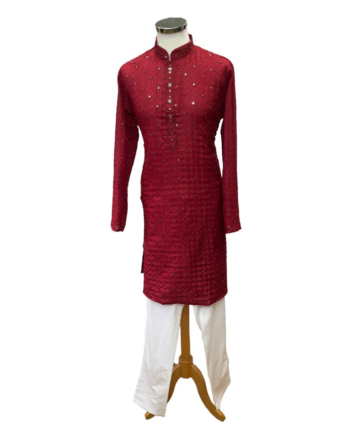 SALE! Maroon - Linen Mirror Work Mens Kurta Set - Sangeet Mehendi Haldi - NY23067KT 1123