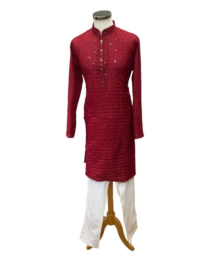 SALE! Maroon - Linen Mirror Work Mens Kurta Set - Sangeet Mehendi Haldi - NY23067KT 1123