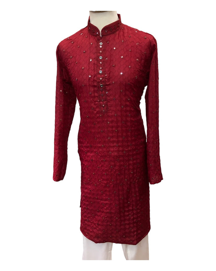 SALE! Maroon - Linen Mirror Work Mens Kurta Set - Sangeet Mehendi Haldi - NY23067KT 1123