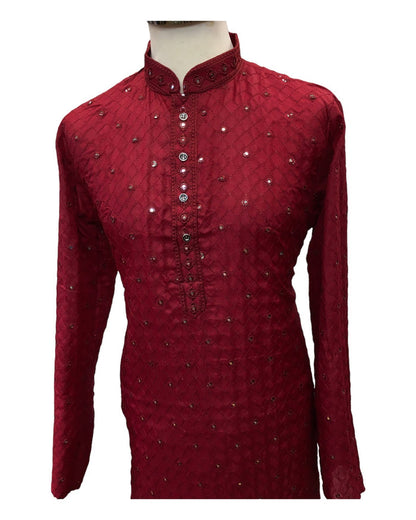 SALE! Maroon - Linen Mirror Work Mens Kurta Set - Sangeet Mehendi Haldi - NY23067KT 1123