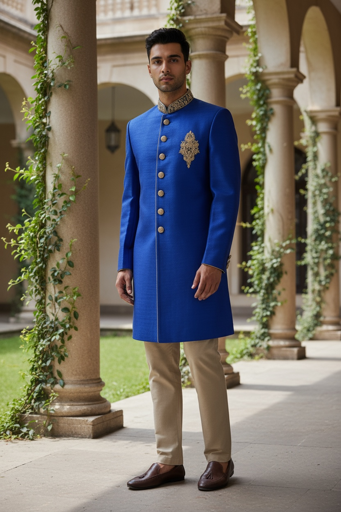 SALE ! Mens Raw Silk Royal Blue Brocade Sherwani - VL1907 AA1119