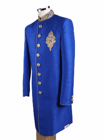 Mens Raw Silk Royal Blue Brocade Sherwani - VL1907 AA1119 - Prachy Creations