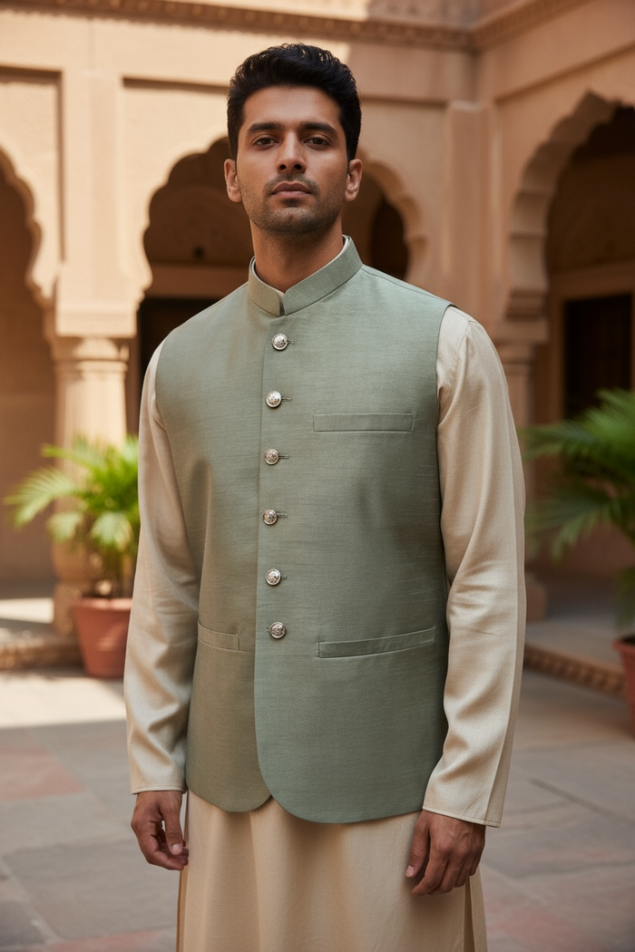 SALE ! Pista Green - Handloom Dupion Silk Mens Waistcoat - DL2302 KKp1023