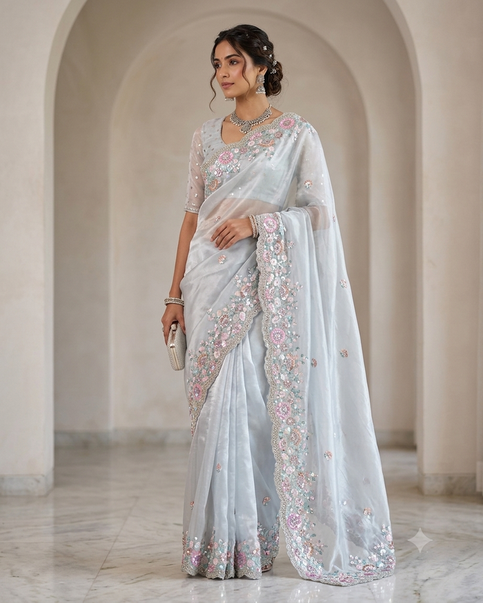 SALE! Sky Blue - Pastel Sequins Silky Saree with Blouse Piece - MF3801  JJ 0824