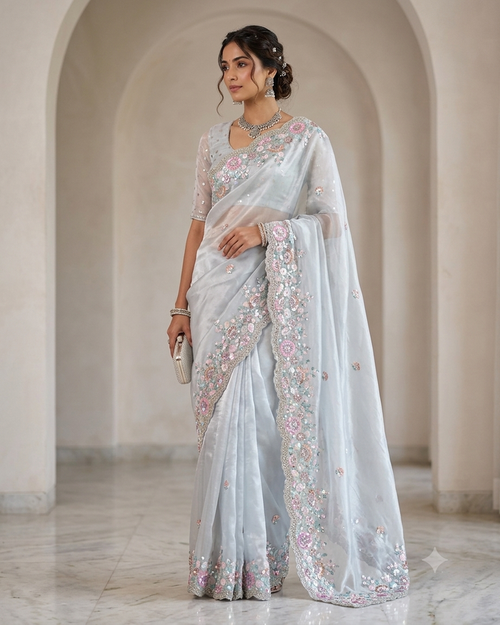 SALE! Sky Blue - Pastel Sequins Silky Saree with Blouse Piece - MF3801  JJ 0824