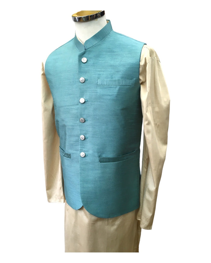 SALE! Turquoise Blue - Handloom Dupion Silk Mens Waistcoat - DL2303 KKp1023