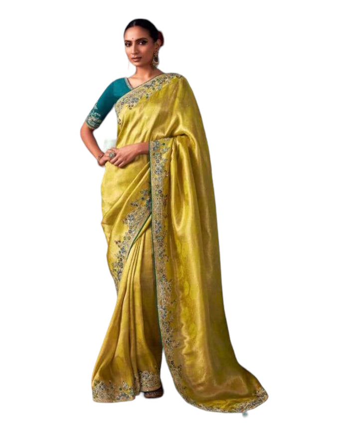 SALE ! Yellow - Crepe Silky Saree with Fancy Ready made Blouse - KIM-SA217  PJ 1123