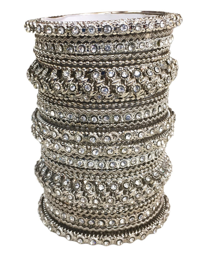 Set of 22 Silver Finish Stone Bangles - Bollywood, Weddings, Fancy Dress D5012 R 1022