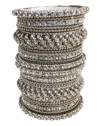 Set of 22 Silver Finish Stone Bangles - Bollywood, Weddings, Fancy Dress D5012 R 1022
