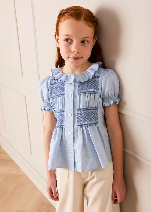 Smocked Peplum Scallop Collar Blouse in Blue (2-12yrs) BLOUSES from Pepa London