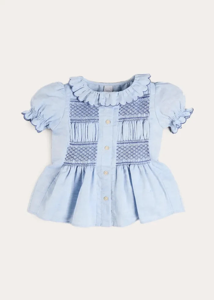 Smocked Peplum Scallop Collar Blouse in Blue (2-12yrs) BLOUSES from Pepa London