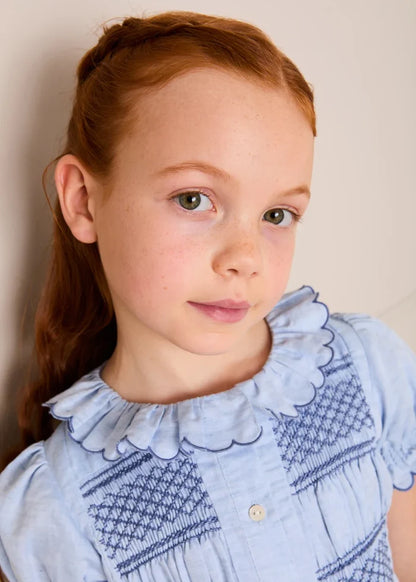 Smocked Peplum Scallop Collar Blouse in Blue (2-12yrs) BLOUSES from Pepa London