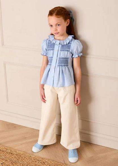 Smocked Peplum Scallop Collar Blouse in Blue (2-12yrs) BLOUSES from Pepa London