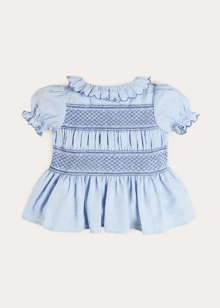 Smocked Peplum Scallop Collar Blouse in Blue (2-12yrs) BLOUSES from Pepa London