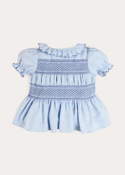 Smocked Peplum Scallop Collar Blouse in Blue (2-12yrs) BLOUSES from Pepa London