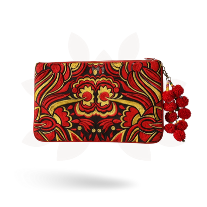 Soila Embroidered Pom Pom Clutch Boho Artisan Tablet Sleeve Fair Trade - Thailand