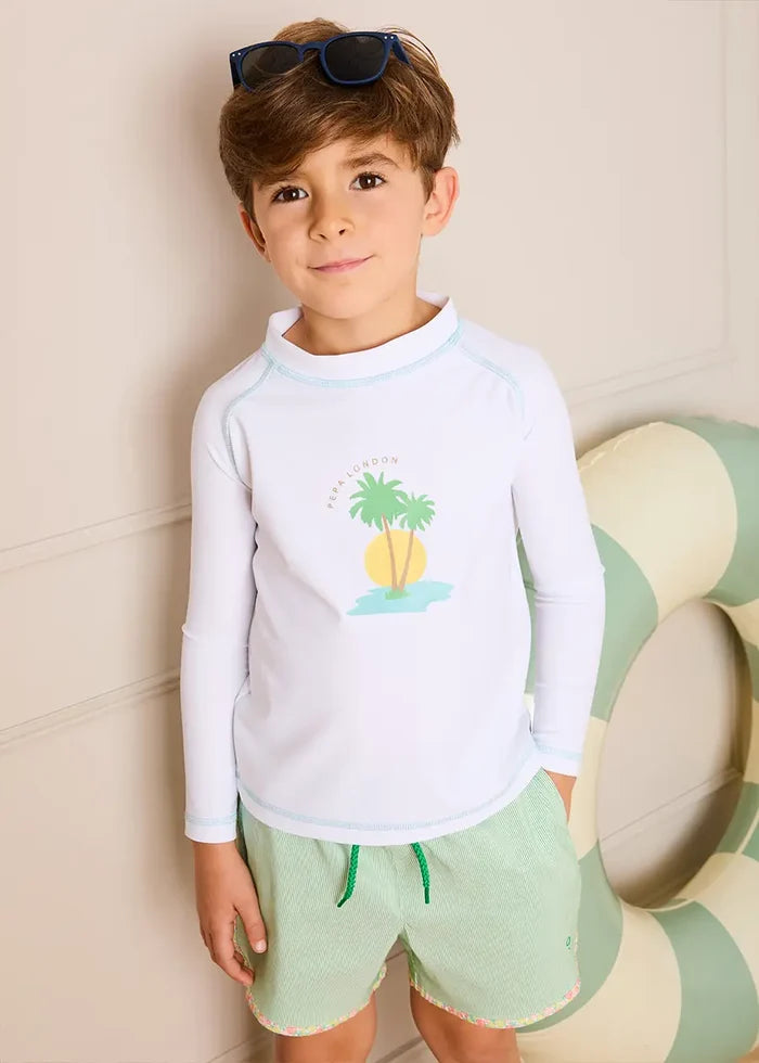 Striped Annie Apple Trim Detail Swim Shorts in Green (12mths- 10yrs) SWIMWEAR from Pepa London