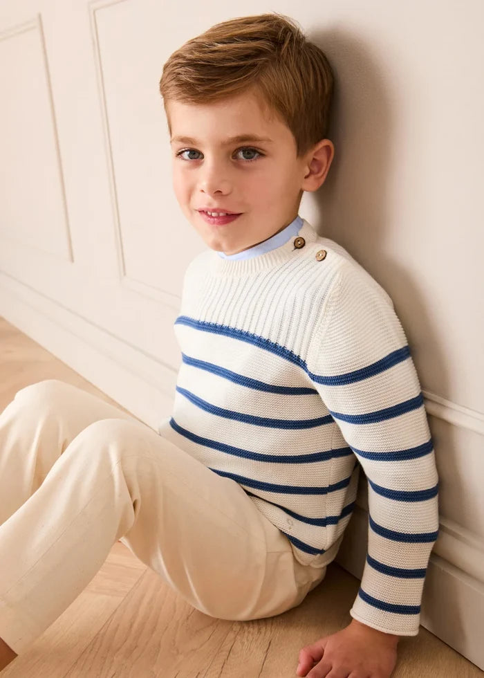 Striped Crewneck Ribbed Detail Blue & White Striped Jumper in Navy (12mths- 10yrs) KNITWEAR from Pepa London