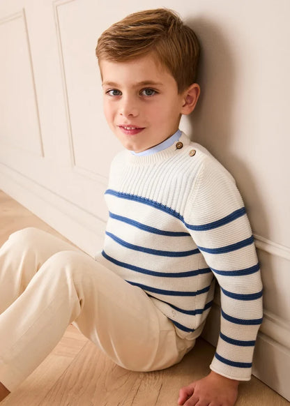 Striped Crewneck Ribbed Detail Blue & White Striped Jumper in Navy (12mths- 10yrs) KNITWEAR from Pepa London