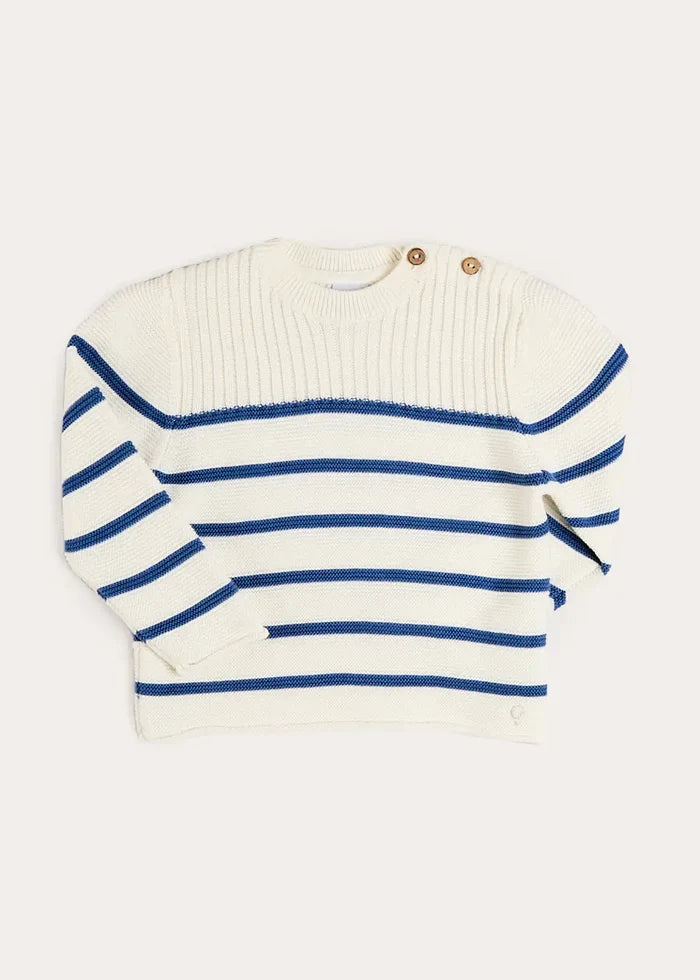 Striped Crewneck Ribbed Detail Blue & White Striped Jumper in Navy (12mths- 10yrs) KNITWEAR from Pepa London