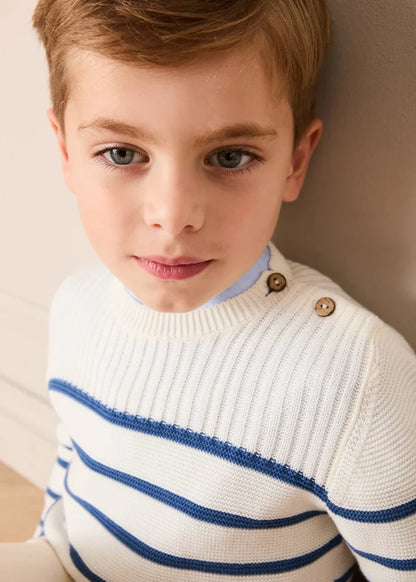 Striped Crewneck Ribbed Detail Blue & White Striped Jumper in Navy (12mths- 10yrs) KNITWEAR from Pepa London