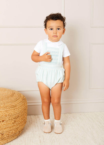 Striped Smocked Detail Dungaree Romper in Green (3-18mths) ROMPERS from Pepa London