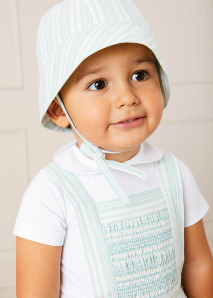 Striped Smocked Detail Dungaree Romper in Green (3-18mths) ROMPERS from Pepa London