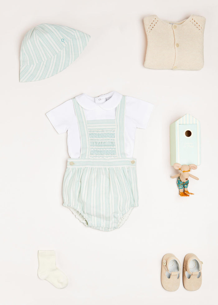 Striped Smocked Detail Dungaree Romper in Green (3-18mths) ROMPERS from Pepa London