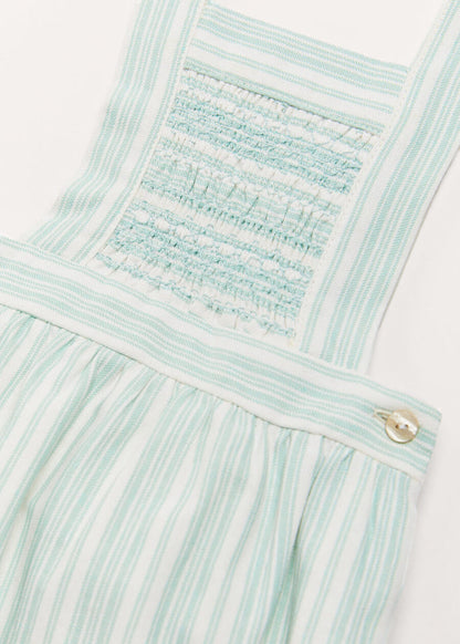 Striped Smocked Detail Dungaree Romper in Green (3-18mths) ROMPERS from Pepa London