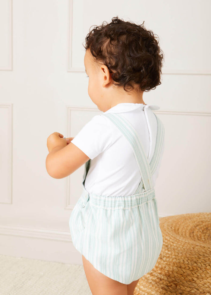 Striped Smocked Detail Dungaree Romper in Green (3-18mths) ROMPERS from Pepa London
