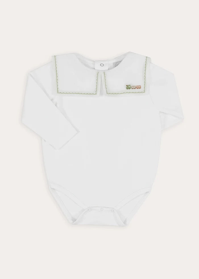 Train Embroidered Mariner Collar Long Sleeve Bodysuit in White (3mths-3yrs) Tops & Bodysuits from Pepa London