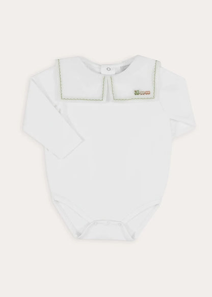 Train Embroidered Mariner Collar Long Sleeve Bodysuit in White (3mths-3yrs) Tops & Bodysuits from Pepa London