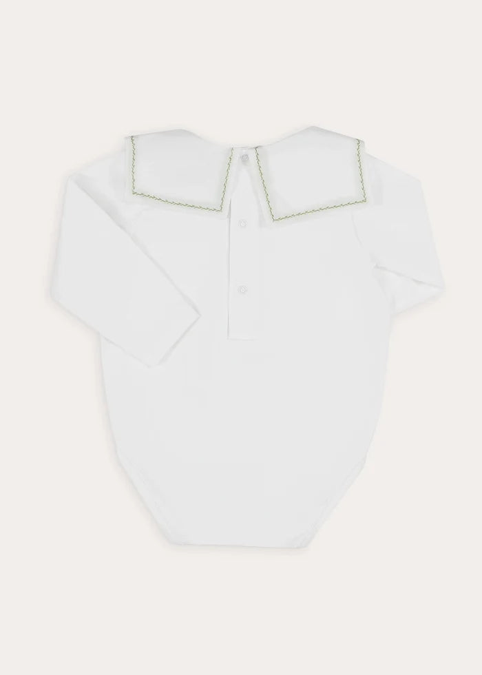 Train Embroidered Mariner Collar Long Sleeve Bodysuit in White (3mths-3yrs) Tops & Bodysuits from Pepa London