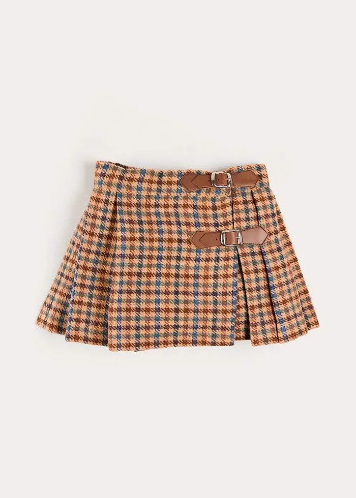 Vincent Check Buckle Detail Pleated Skirt in Brown (2-12Y) SKIRTS from Pepa London